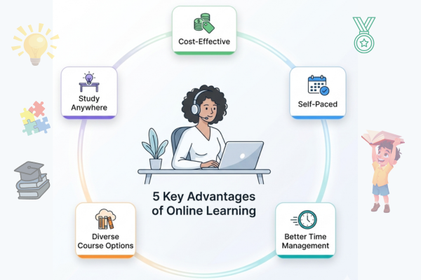 Students learning online on global education platform